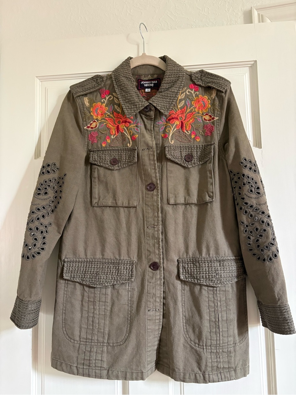 Johnny Was Olive Utility Jacket with Pink & Orange Embroidered Florals